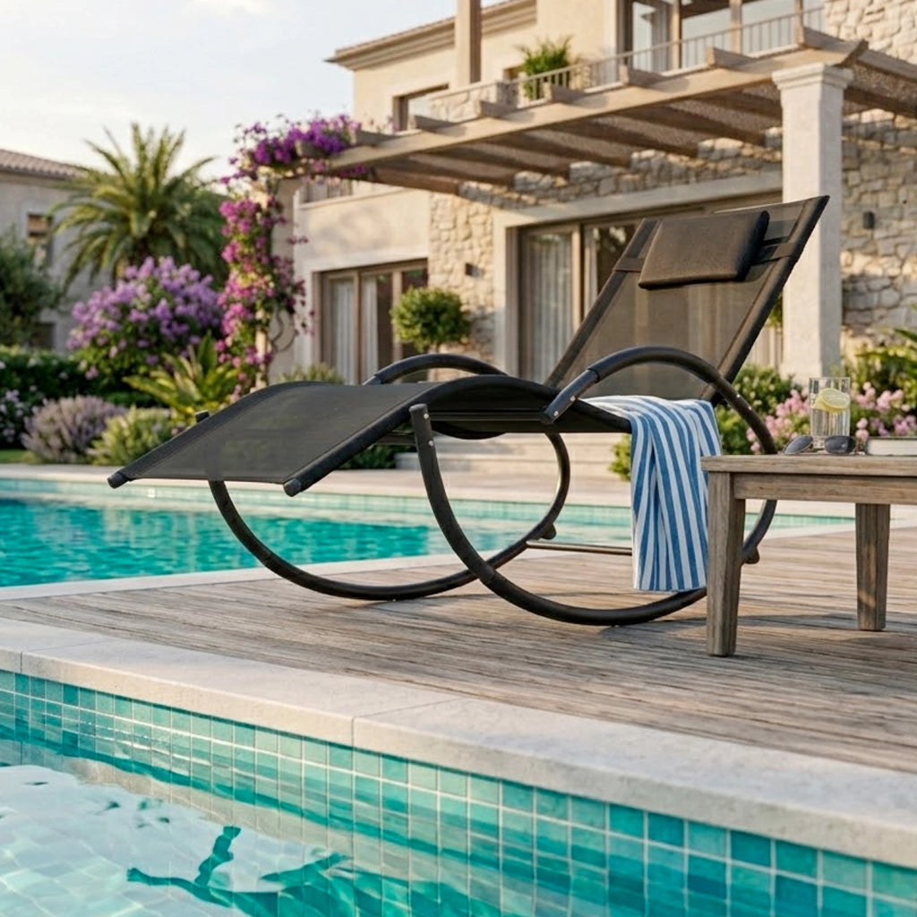 Sedia Basculante Da Giardino Ergonomica Con Poggiatesta Removibile Lettino Comodo Relax A Dondolo Per Patio Piscina Terrazza Balcone Outdoor 155x61x88 Cm Nero