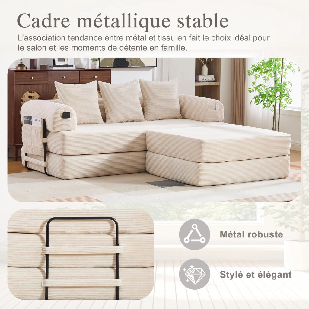 Divano modulare in corduroy con struttura in metallo, tasca laterale, 3 cuscini e pouf, design versatile beige