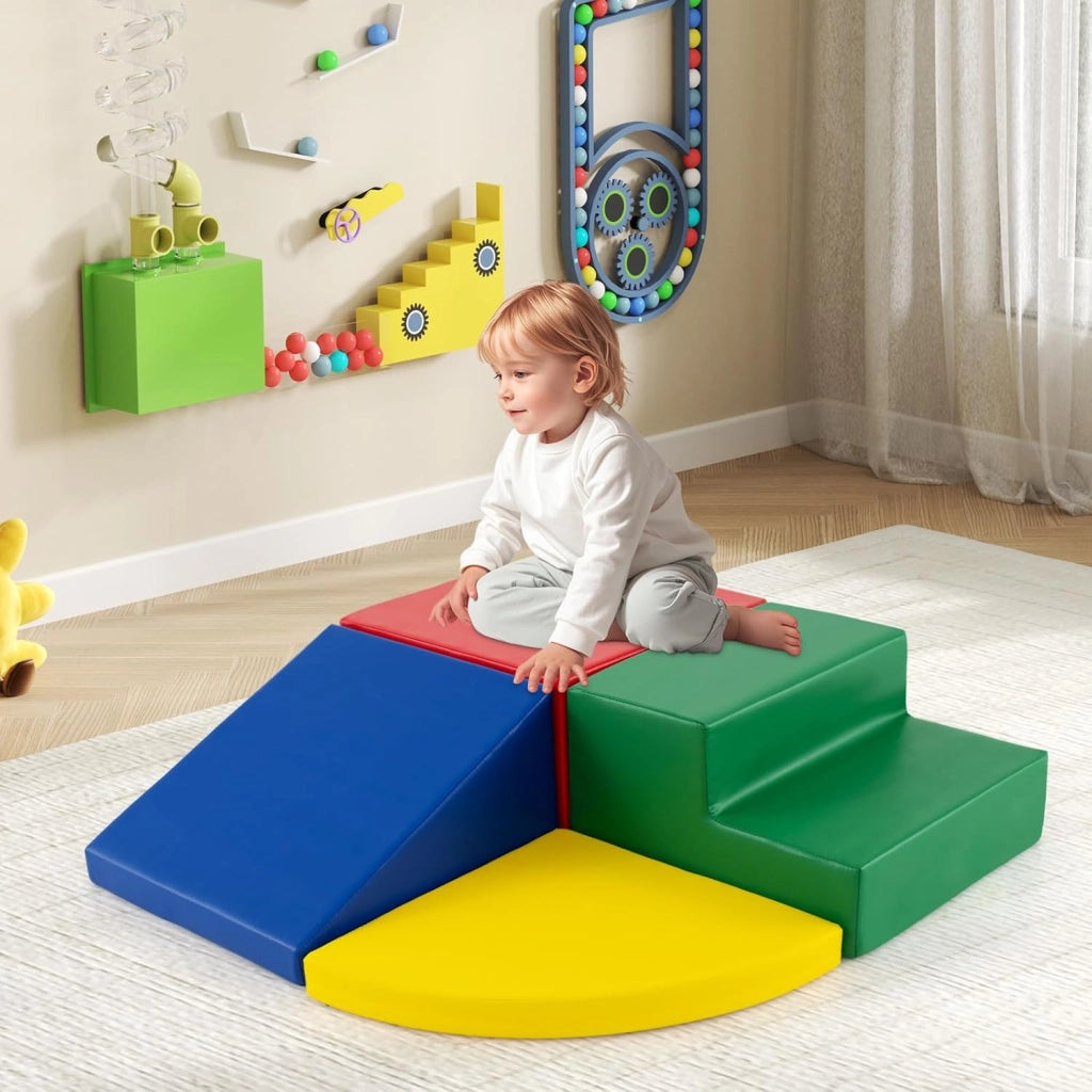 Set di Blocchi in Schiuma per Bambini 4 Pezzi, Set di Costruzioni Morbide in PU + EPE per Sviluppo dei Bambini, Gioco Attivo Interno per Arrampicarsi e Gattonare (Colorato)