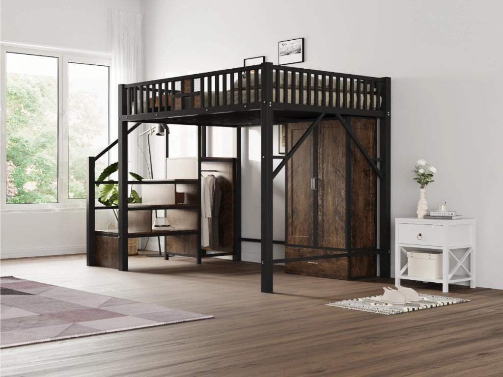 Letto a castello nero in metallo e legno con funzione contenitiva 140x200 cm