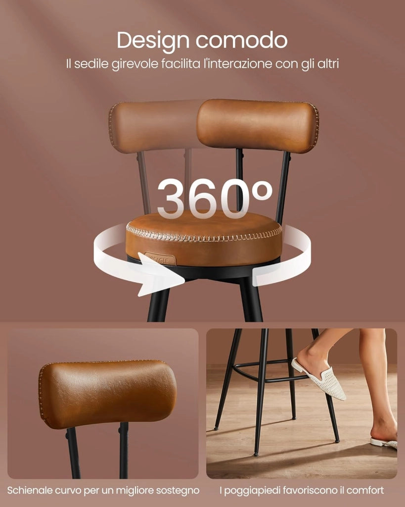 VASAGLE EKHO Collezione - Sgabelli Cucina Set da 2, Sgabelli da Bar Girevoli con Schienali, Sedie Cucina, Rivestimento con Cucitura, Moderno di Metà Secolo, Altezza 76 cm, Marrone Caramello LBC889K01