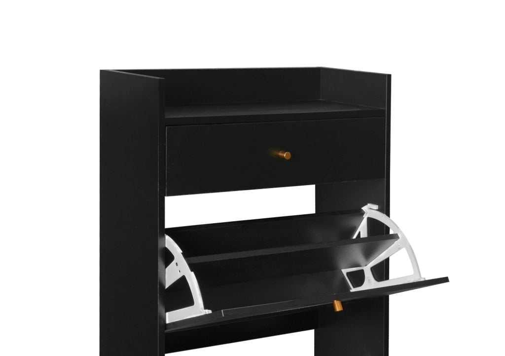 Scarpiera con 2 ante e 1 cassetto con doppio ripiano per ingresso in pannello truciolare nera 60 × 53,8 × 106,7 cm