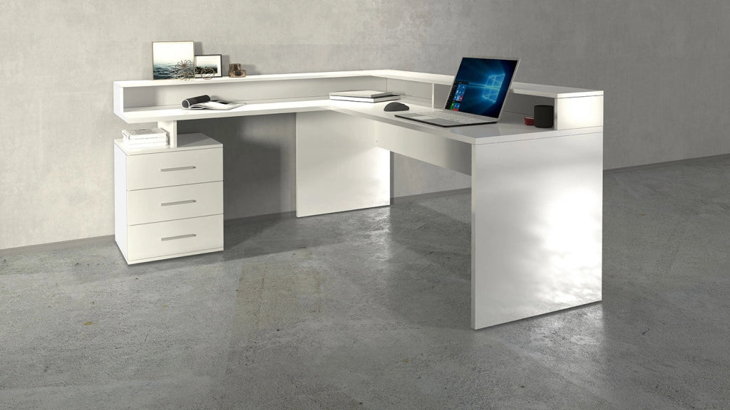 Scrivania Angolare 3 Cassetti e Ripiani a Giorno 180/160x60x90 cm New Selina Bianco Lucido
