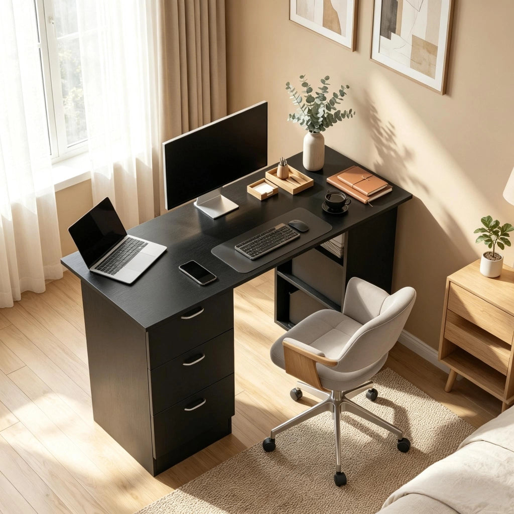 Scrivania con 3 cassetti e 3 ripiani reversibili in MDF nero per studio camera e soggiorno di casa 120 × 49 × 72 cm