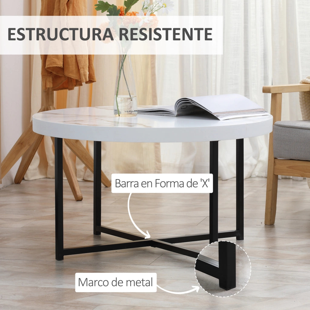 Tavolino da caffe' rotondo con piano effetto marmo e gambe metallo ¨C Zephmum ¨C Bianco 80x80x45 cm