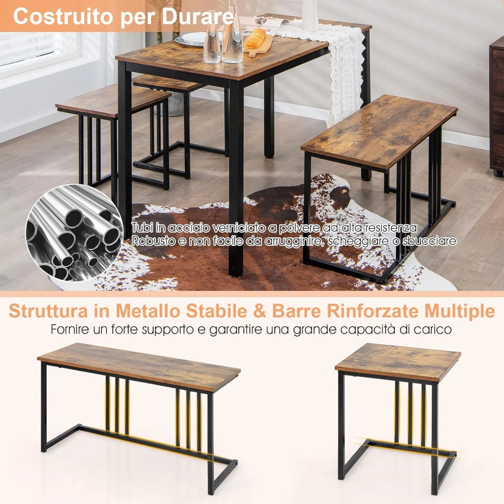 Set Tavolo da Pranzo 4 Pezzi, Tavolo da Pranzo con Panca e 2 Sgabelli, in Stile Industriale, Set Tavolo Salvaspazio per Cucina, Ristorante, Bar