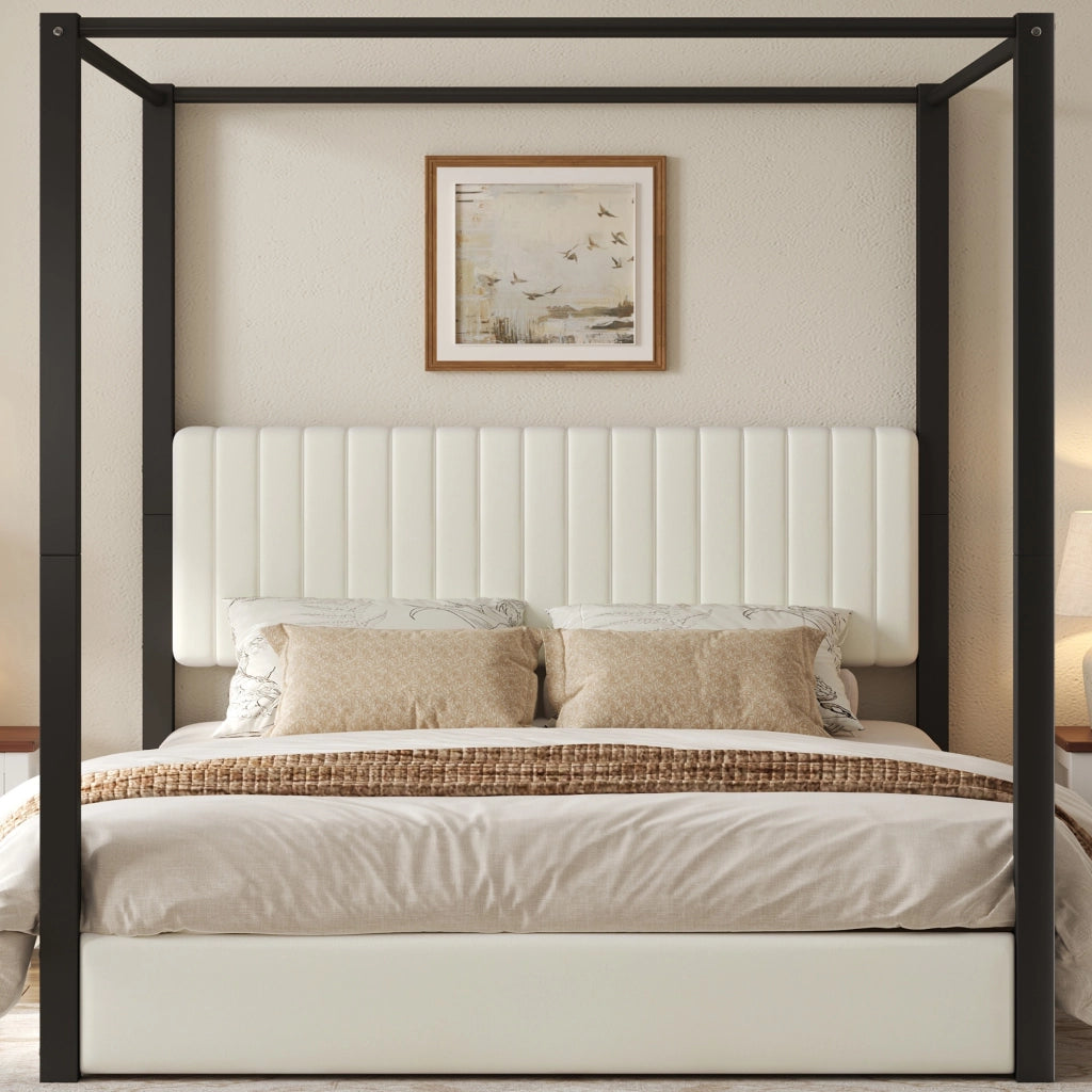 LETTO a Baldacchino 180x200 cm Imbottito in Velluto Beige e Nero