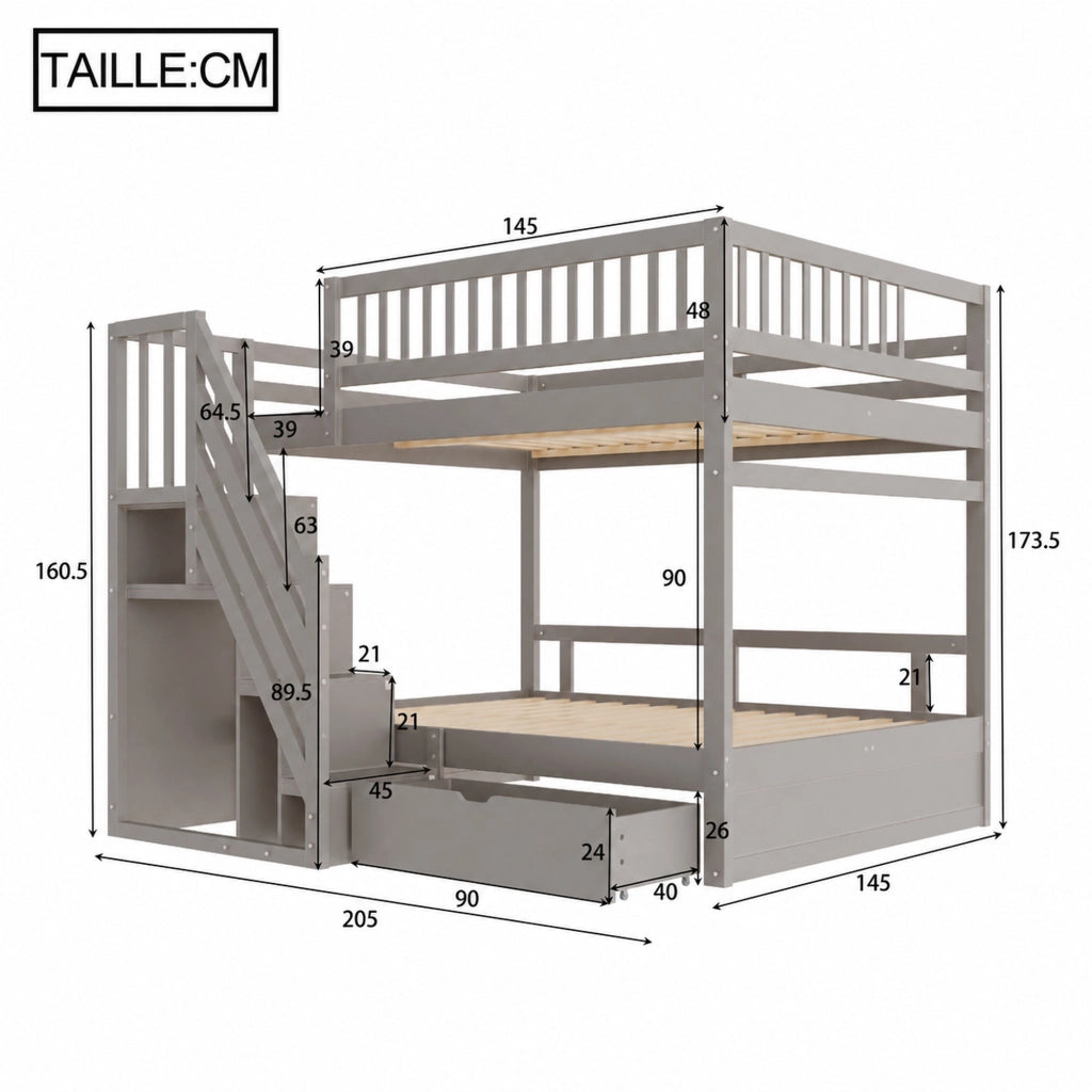 LETTO a castello 140x200 cm in legno grigio con scaletta e cassetti