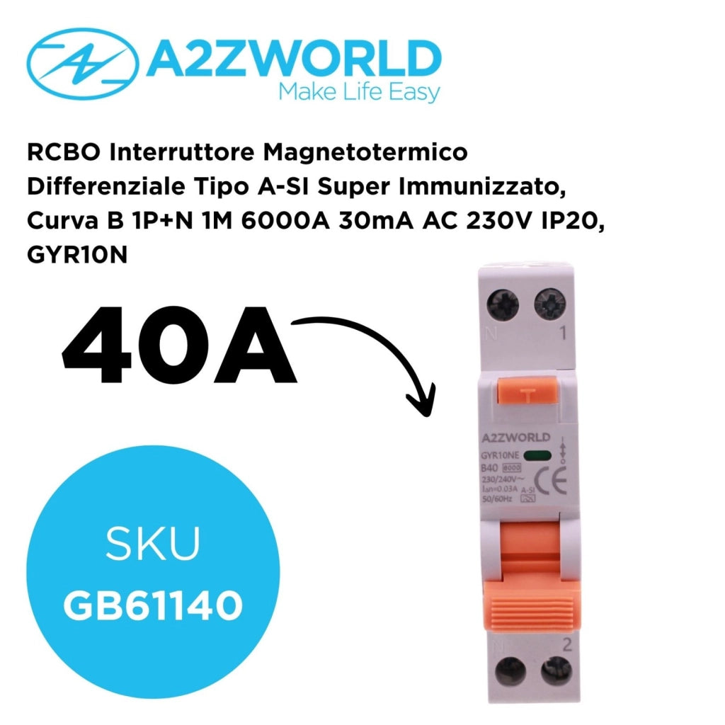 RCBO Interruttore Magnetotermico Differenziale Tipo A-SI Super Immunizzato, Curva B 1P+N 1M 6000A 30mA AC 230V IP20, GYR10N, Disponibili 6A 10A 16A 20A 25A 32A 40A (B40A)