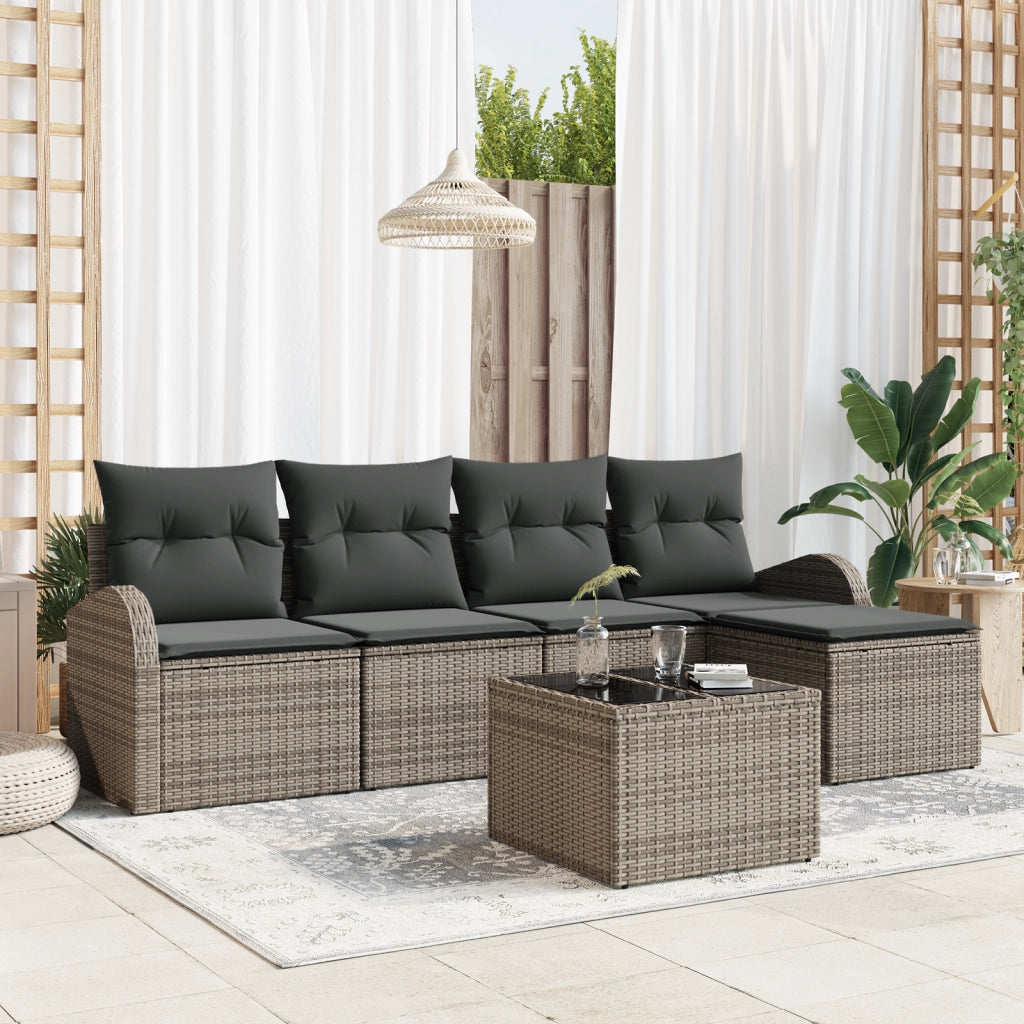 Set Divano da Giardino 5 Pezzi con Cuscini Nero Polyrattan