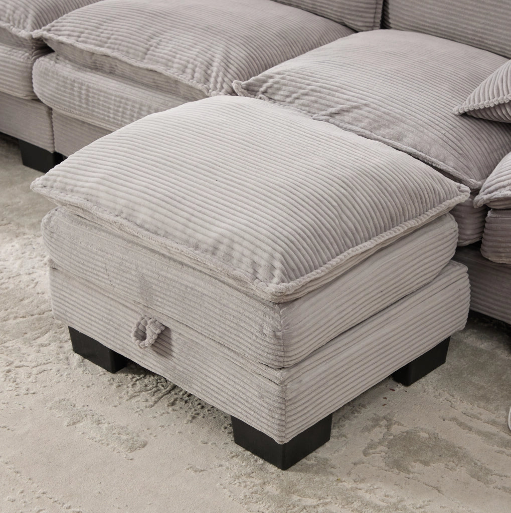 Divano modulare 3 posti con pouf; in tessuto effetto corda grigio chiaro; 260x132x84 cm