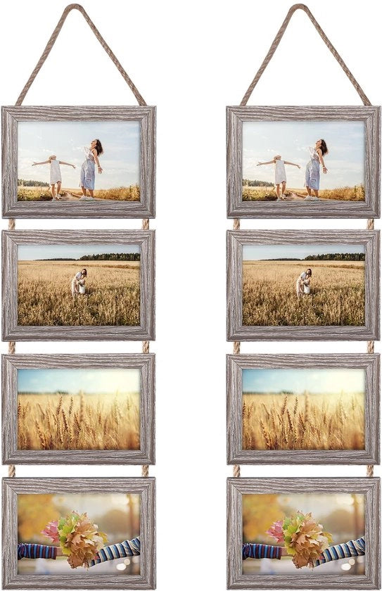 Set di cornice per foto rustica unica per decorazione di parete con 8 aperture e appendiporta in corda