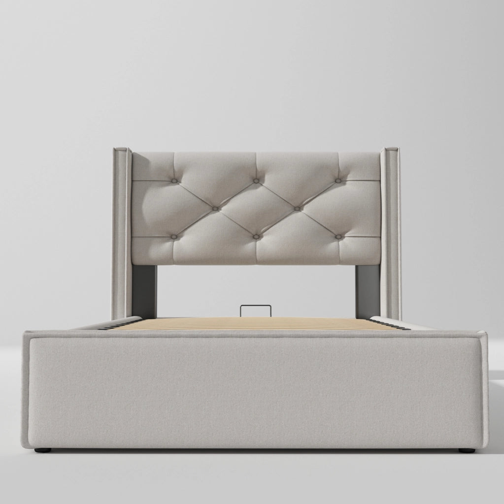 Letto singolo imbottito idraulico 90x200 cm con contenitore, grigio chiaro