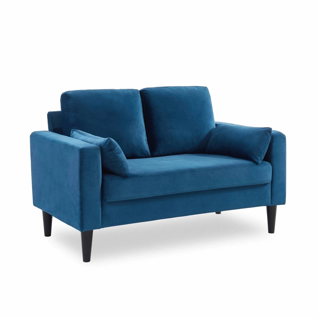 Divano in tessuto con gambe in legno, 2 posti, blu