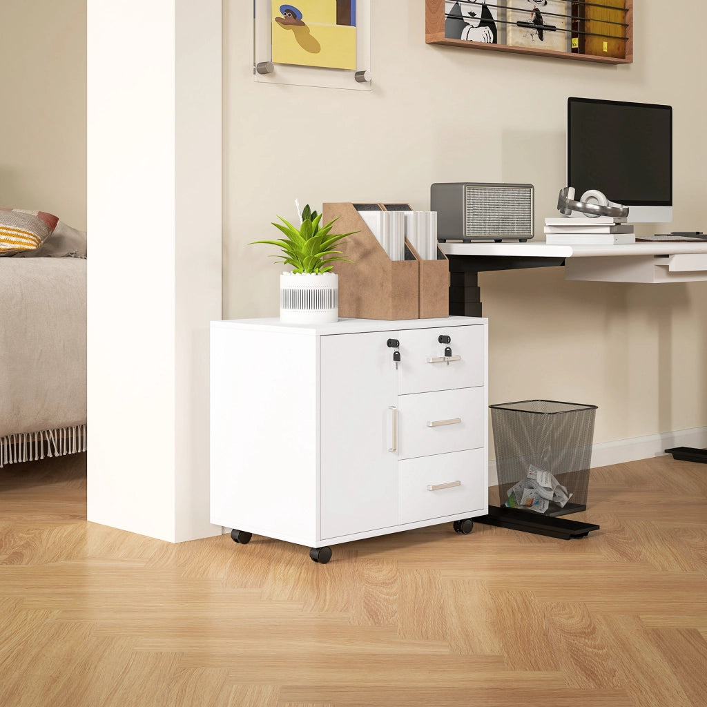 Schedario per Ufficio con 3 Cassetti e Armadietto con 3 Ripiani Regolabili, in Legno, 60x40x56 cm, Bianco