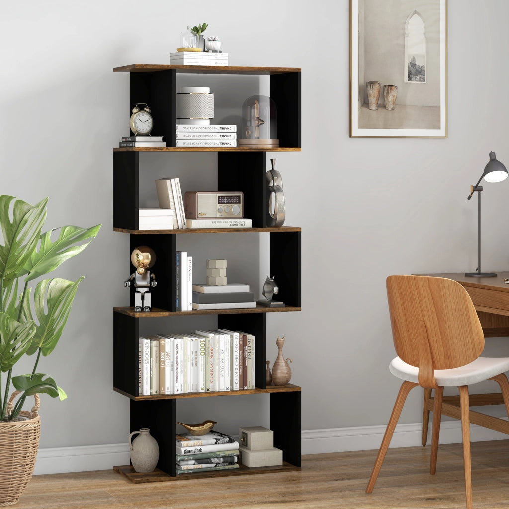 Libreria Moderna Asimmetrica a Parete con 5 Ripiani in Legno, 70x29.5x163cm, Marrone Rustico