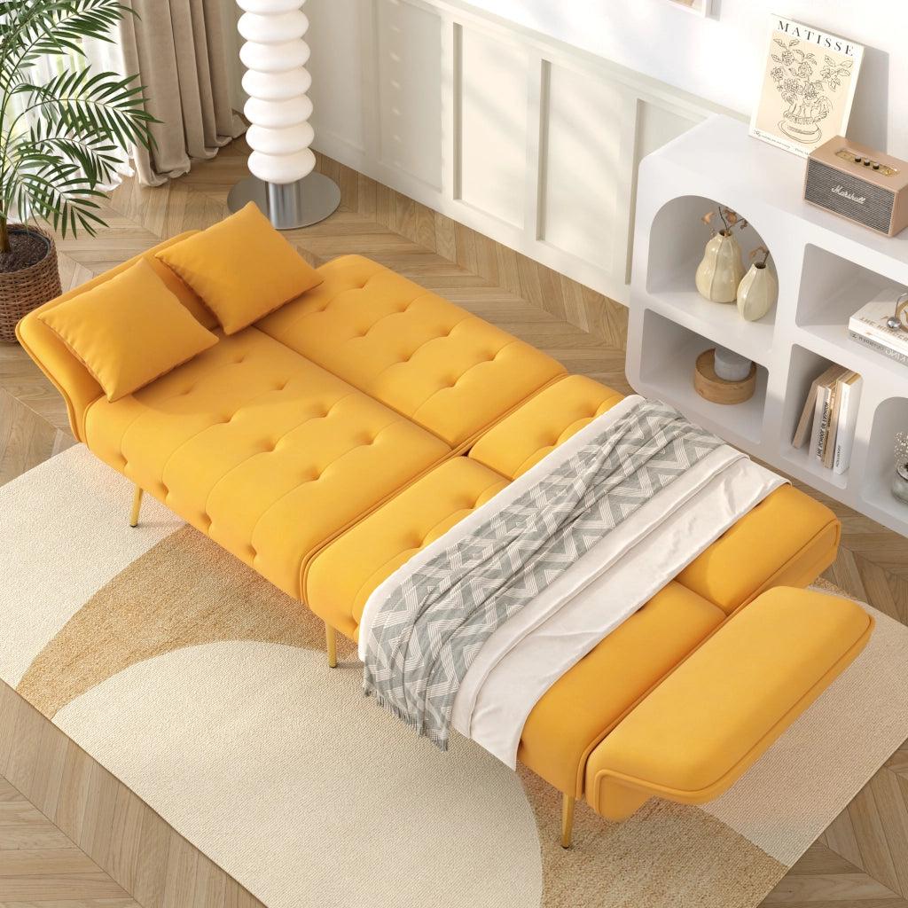 OKWISH Divano Letto 2 Posti, Schienali e Braccioli Regolabili, con Cuscini, Velluto ed Espanso, Giallo