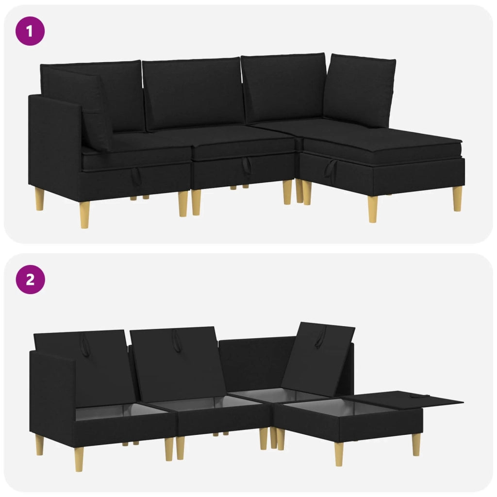 Set di divani modulari con spazio di archiviazione 4 pcs Nero