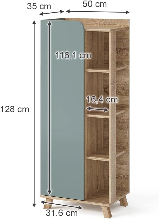 Mobiletto bagno Karen, Sonoma/blu, 50 x 128 cm con porta e vani aperti, per la conservazione di articoli da bagno e asciugamani