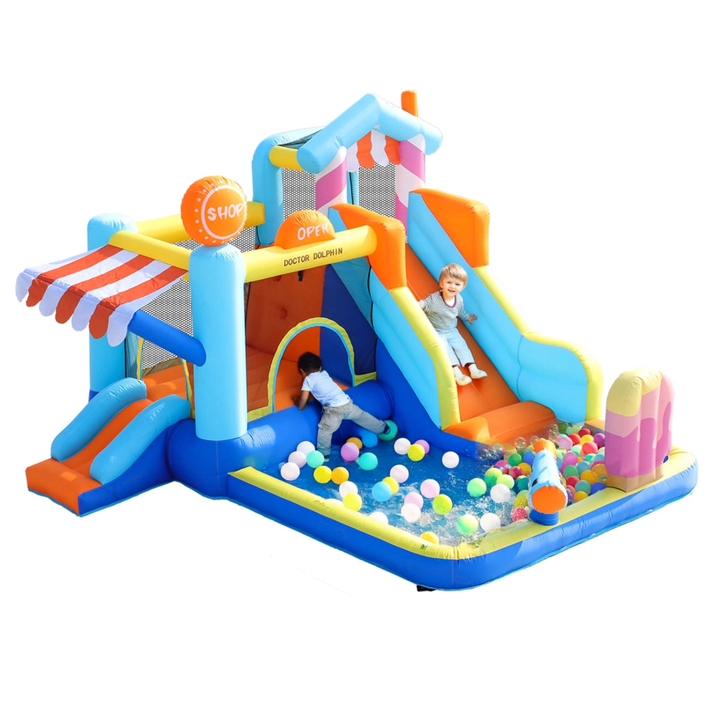 Castello gonfiabile per bambini con 2 scivoli; area giochi d'acqua; gonfiatore 450W; blu