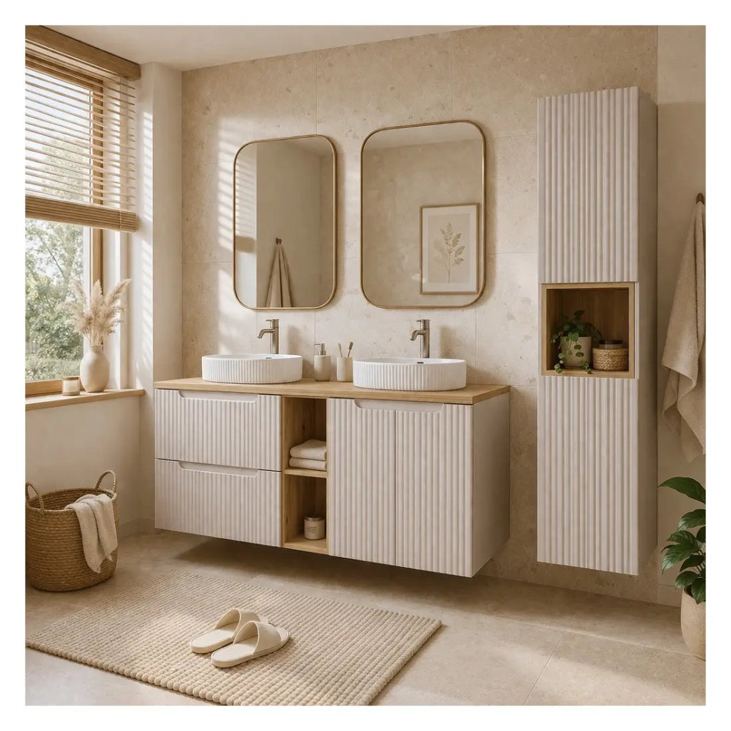 Set VANO cashmere e quercia 170cm: mobili sottolavabo con cassetti e armadietti con nicchie a vista + lavabi da appoggio + colo