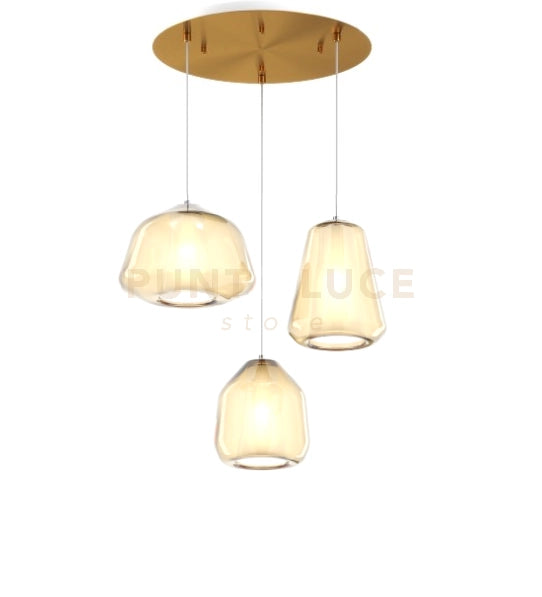 SOSPENSIONE OTTONE SAT. 3 LUCI TONDA VETRI ALPHA + BETA + GAMMA AMBRA 1176OS-S3 T ABG-AM