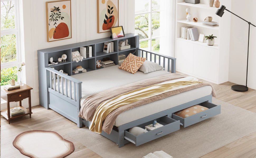 DESMIU Divano letto 90 × 190 cm 1 posto con prese, ripiani e 2 cassetti, 180 × 190 cm senza materasso, legno grigio