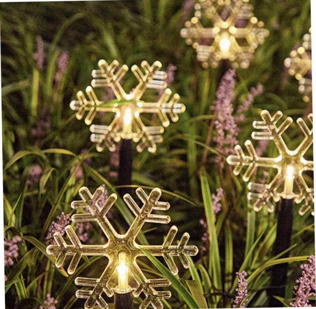 Catena Luci di Natale LED a Picchetto da Giardino con Pannello a Ricarica Solare 5 Fiocco di Neve