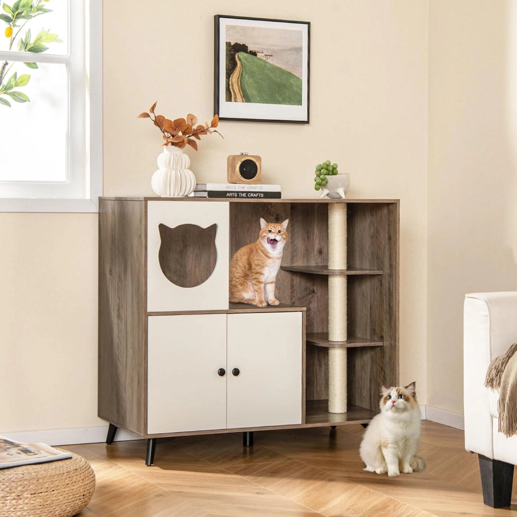 Mobile per Lettiera per Gatti, Cassetta per Gattini con 3 Pali in Sisal per Grattare, Comò per Gattini e 5 Gambe di Supporto in Metallo, Cuccia per Gatti da Interno, 100 x 51 x 91 cm