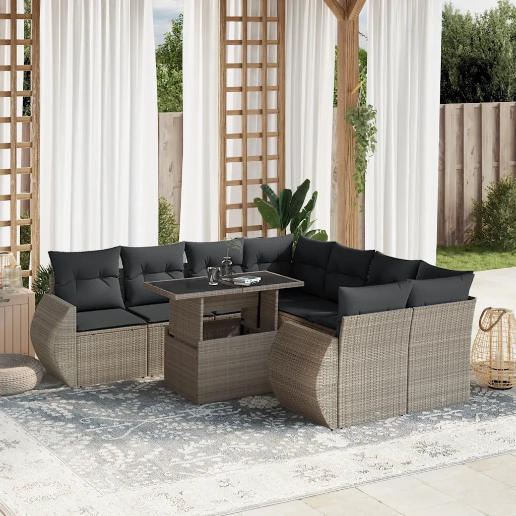 Set Divano da Giardino 9pz con Cuscini Grigio Chiaro Polyrattan