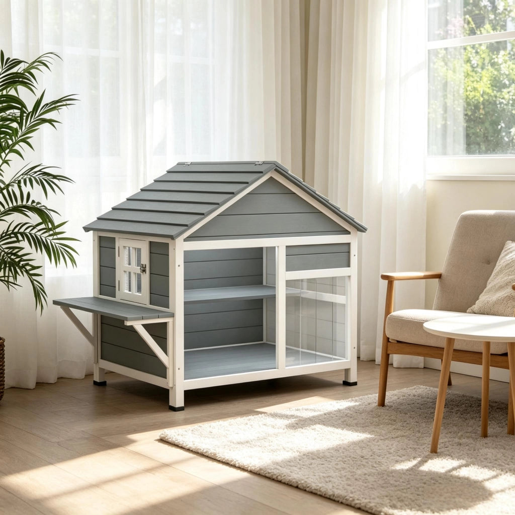 Casetta per gatti da esterno, mobile resistente alle intemperie per giardino con tetto, porta panoramica a lamelle apribile e piattaforma di riposo