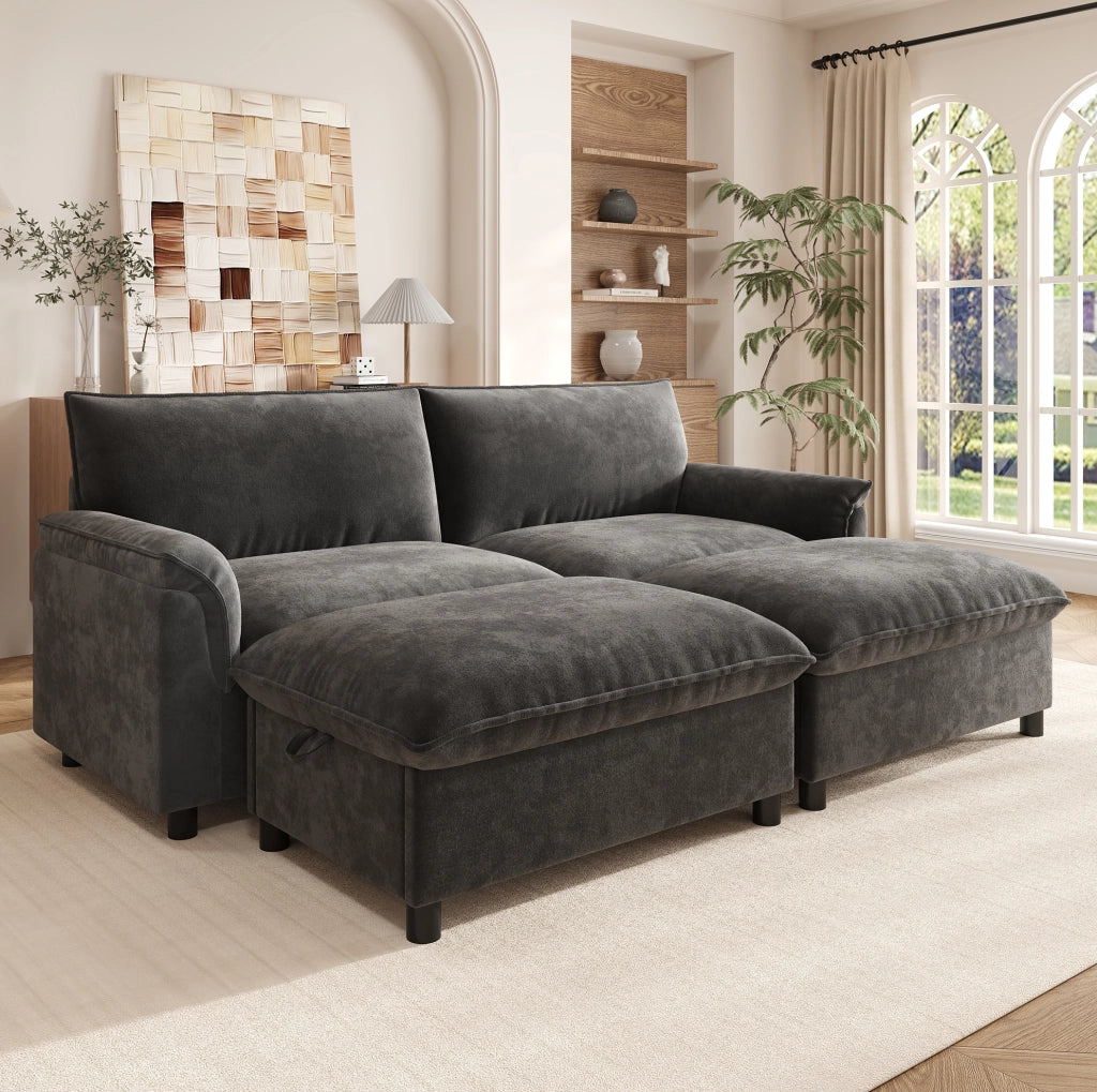 Divano in ciniglia grigio con pouf contenitore trasformabile 216 cm