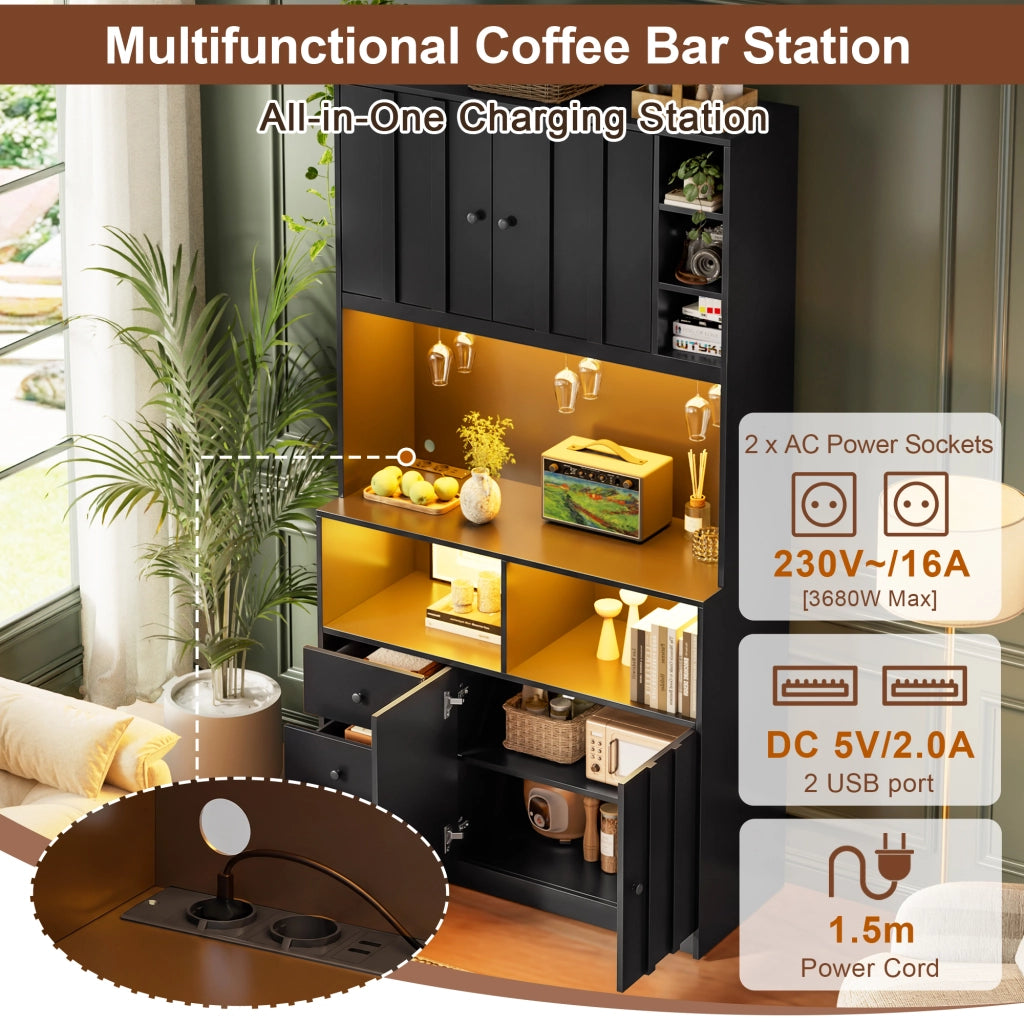 Credenza alta con 3 portabicchieri; prese e LED RGB per cucina e sala da pranzo in MDF nero