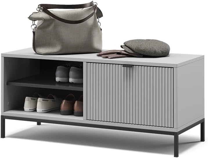 Panca scarpiera da ingresso Eliza, Grigio, 100 x 45 cm con porta a soffietto, per la conservazione delle scarpe e combinabile con la serie Eliza