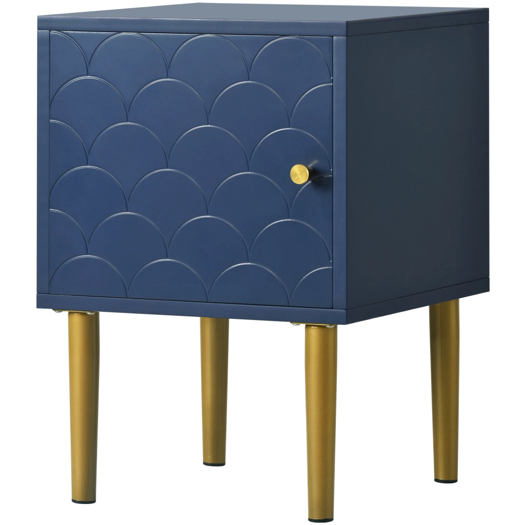 Comodino con 1 anta, motivo a squame di pesce, per camera da letto, in truciolare e metallo, blu marino, 35 × 35 × 51 cm