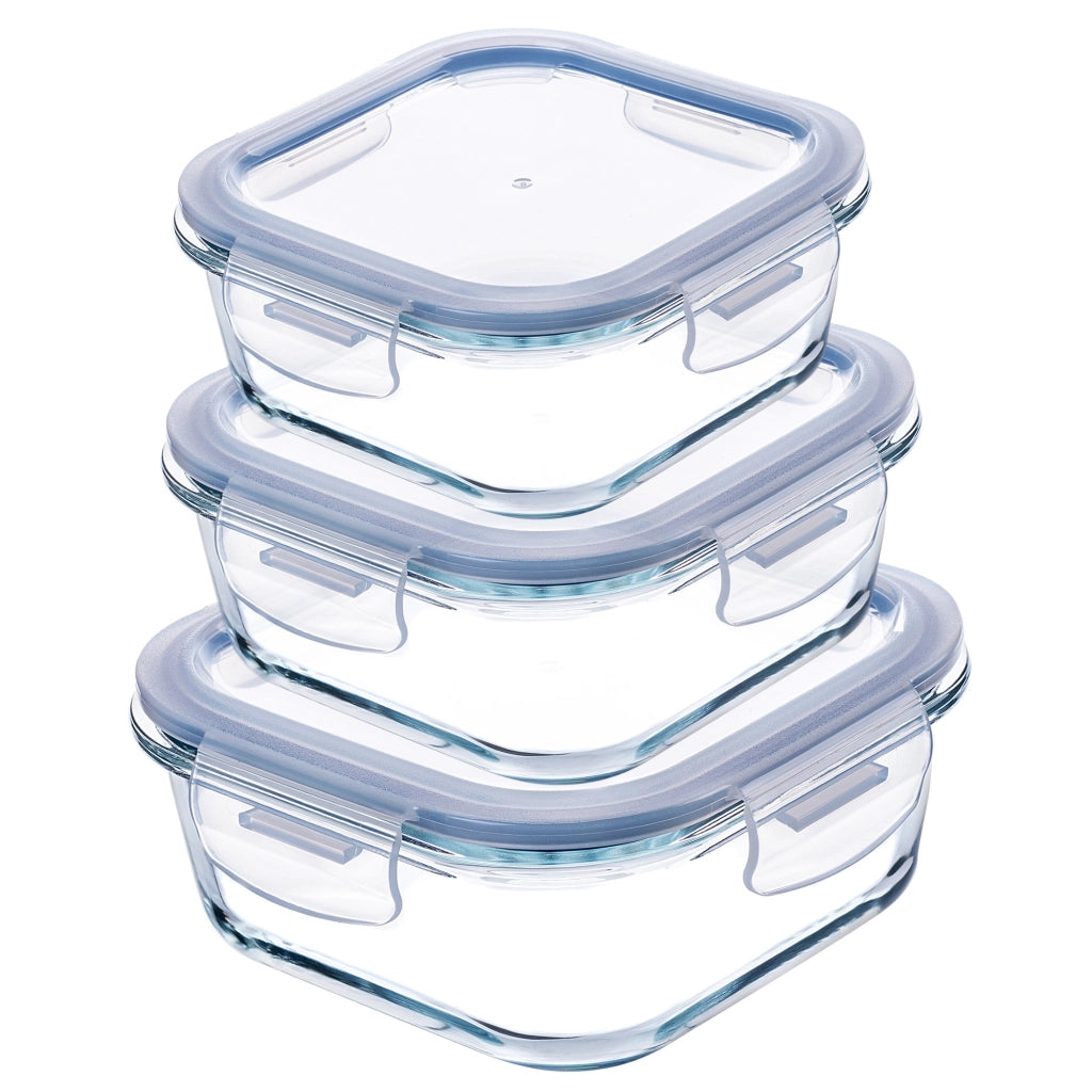 Set di 3 contenitori per alimenti in vetro KADAX con coperchi, scatola quadrata