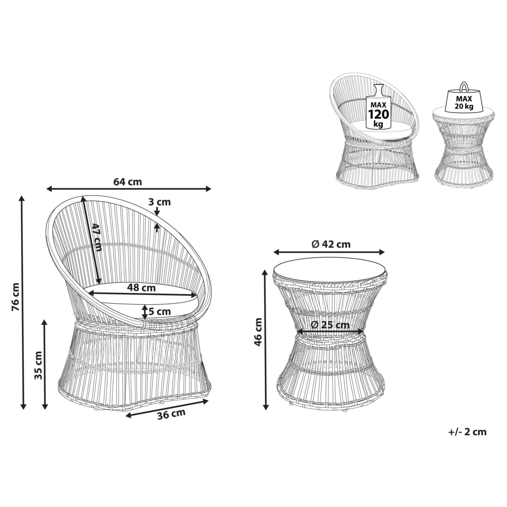 Set di bistrot tavolo e 2 sedie in rattan e vetro temperato bianco sporco balcone terrazzo giardino esterno