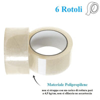 6 Rotoli di Nastro Trasparente 50mm x 132 Mt. Nastro per Imballaggi Resistente Silenzioso