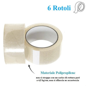 6 Rotoli di Nastro Trasparente 50mm x 132 Mt. Nastro per Imballaggi Resistente Silenzioso