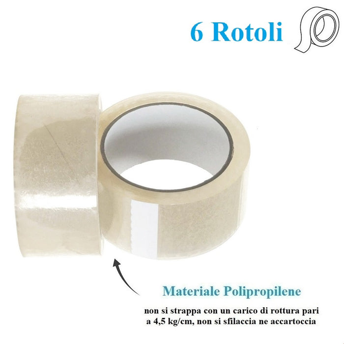 6 Rotoli di Nastro Trasparente 50mm x 132 Mt. Nastro per Imballaggi Resistente Silenzioso