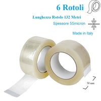 6 Rotoli di Nastro Trasparente 50mm x 132 Mt. Nastro per Imballaggi Resistente Silenzioso