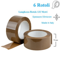 6 Rotoli di Nastro Avana 50mm x 132 Mt. Nastro per Imballaggi Marrone Resistente