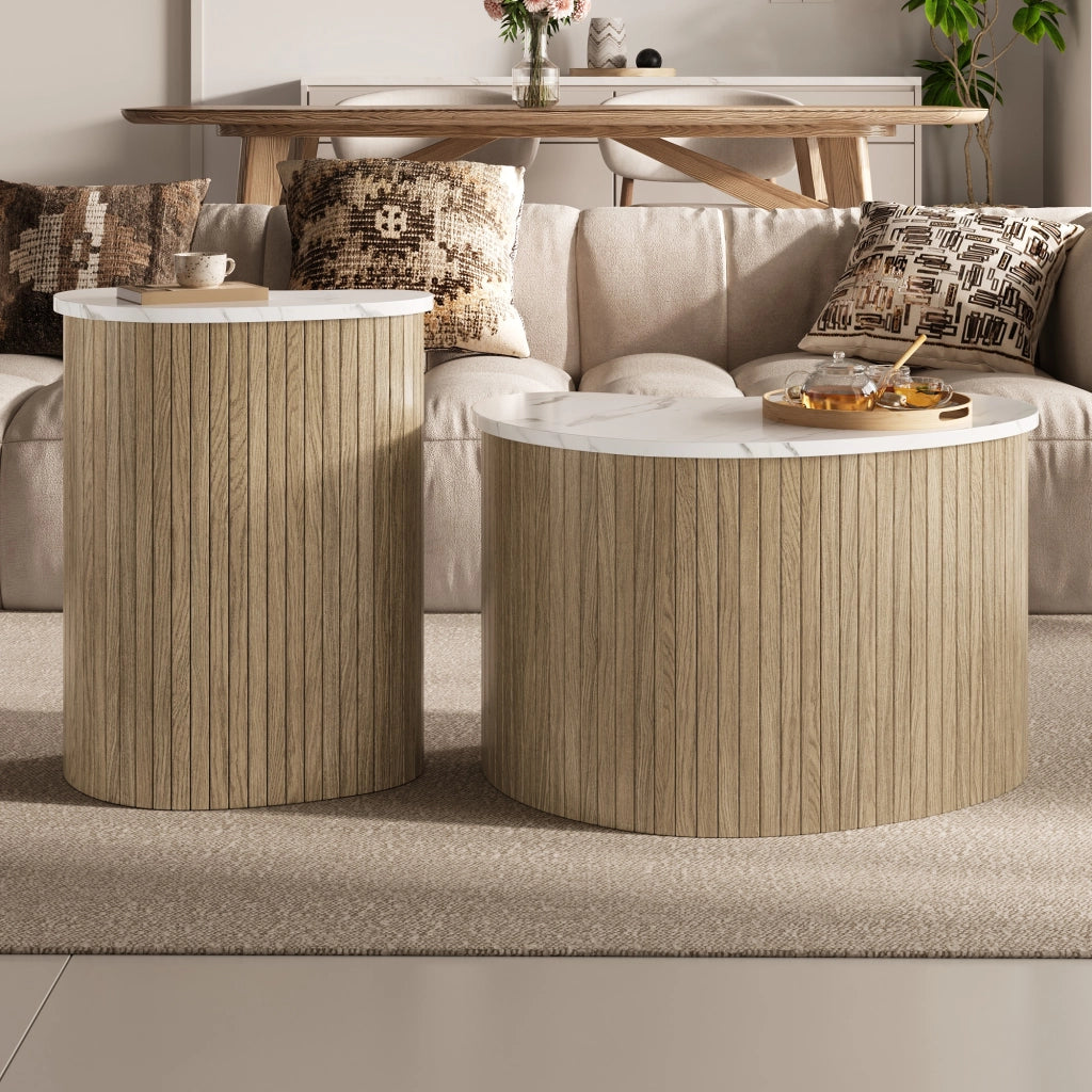 Tavolini da Caffè Nidificabili con 2 Piani; Effetto Marmo e Legno; Stile Scandinavo; in MDF; Naturale/Bianco