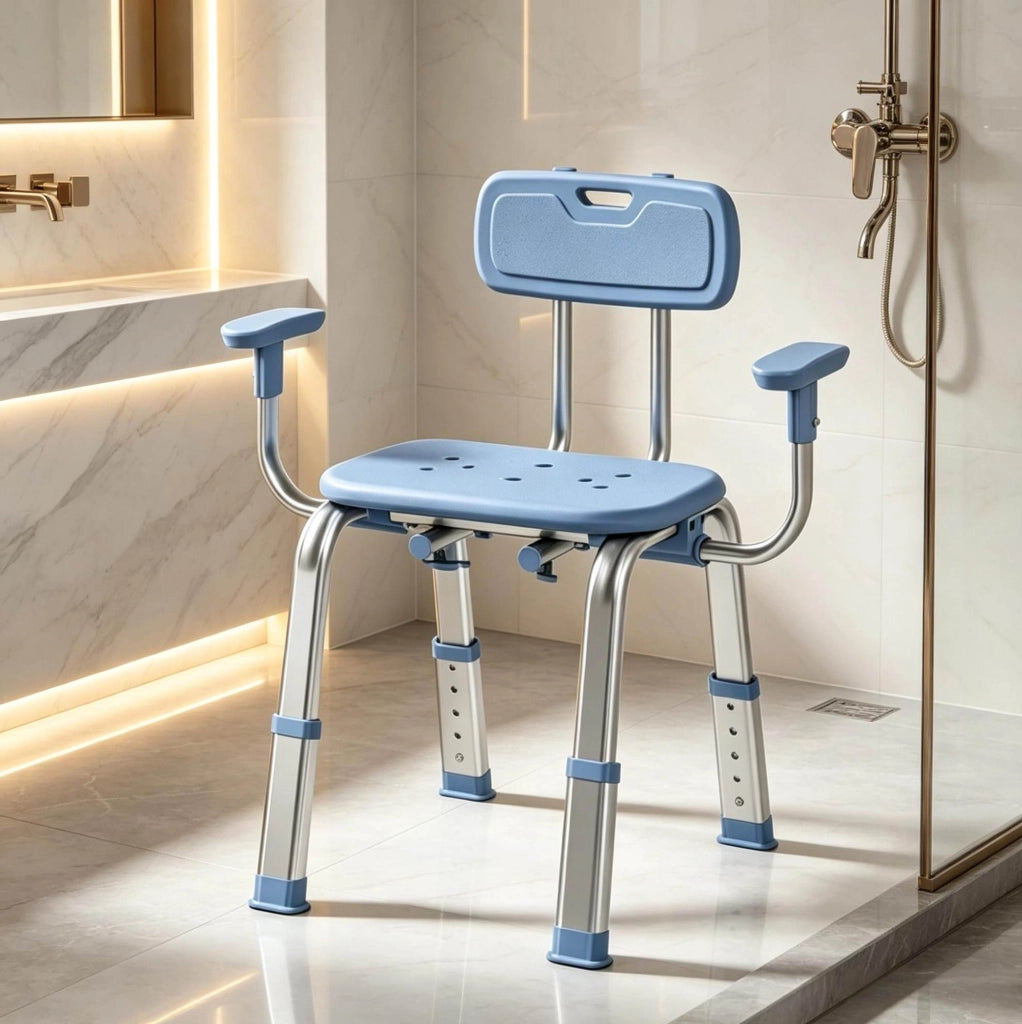 Sedia da doccia ULEVR regolabile in altezza 34-44 cm con schienale e braccioli, portata 150 kg, blu e argento