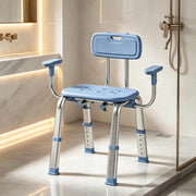 Sedia da doccia ULEVR regolabile in altezza 34-44 cm con schienale e braccioli, portata 150 kg, blu e argento