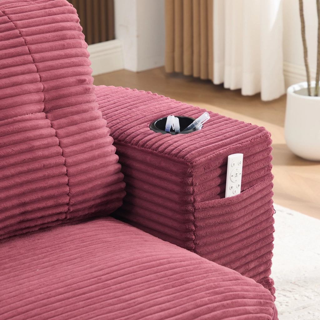 Fauteuil convertible 2 in 1 in cord con doppio portabicchieri, schienale alto e seduta extra profonda vinaccia