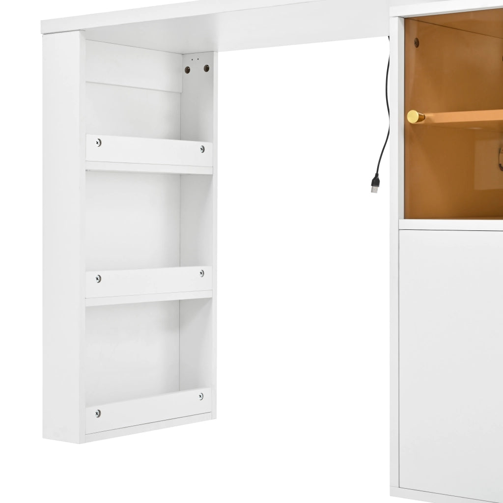 Tavolo da trucco angolare girevole con specchio LED a 3 colori, scrivania 2 in 1, bianco