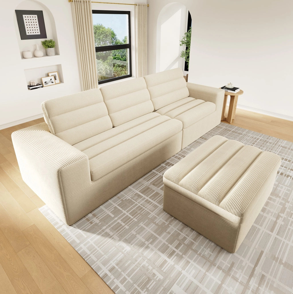 Divano modulare angolare con pouf in velluto a coste beige