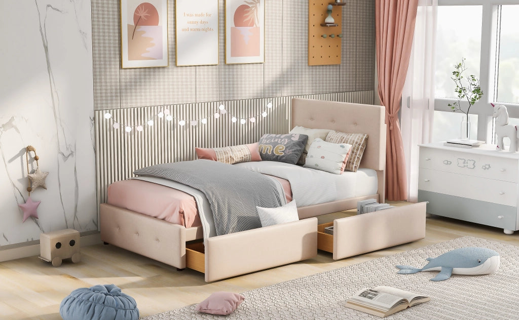 Letto imbottito in velluto con 2 cassetti, 90x200 cm, beige scuro