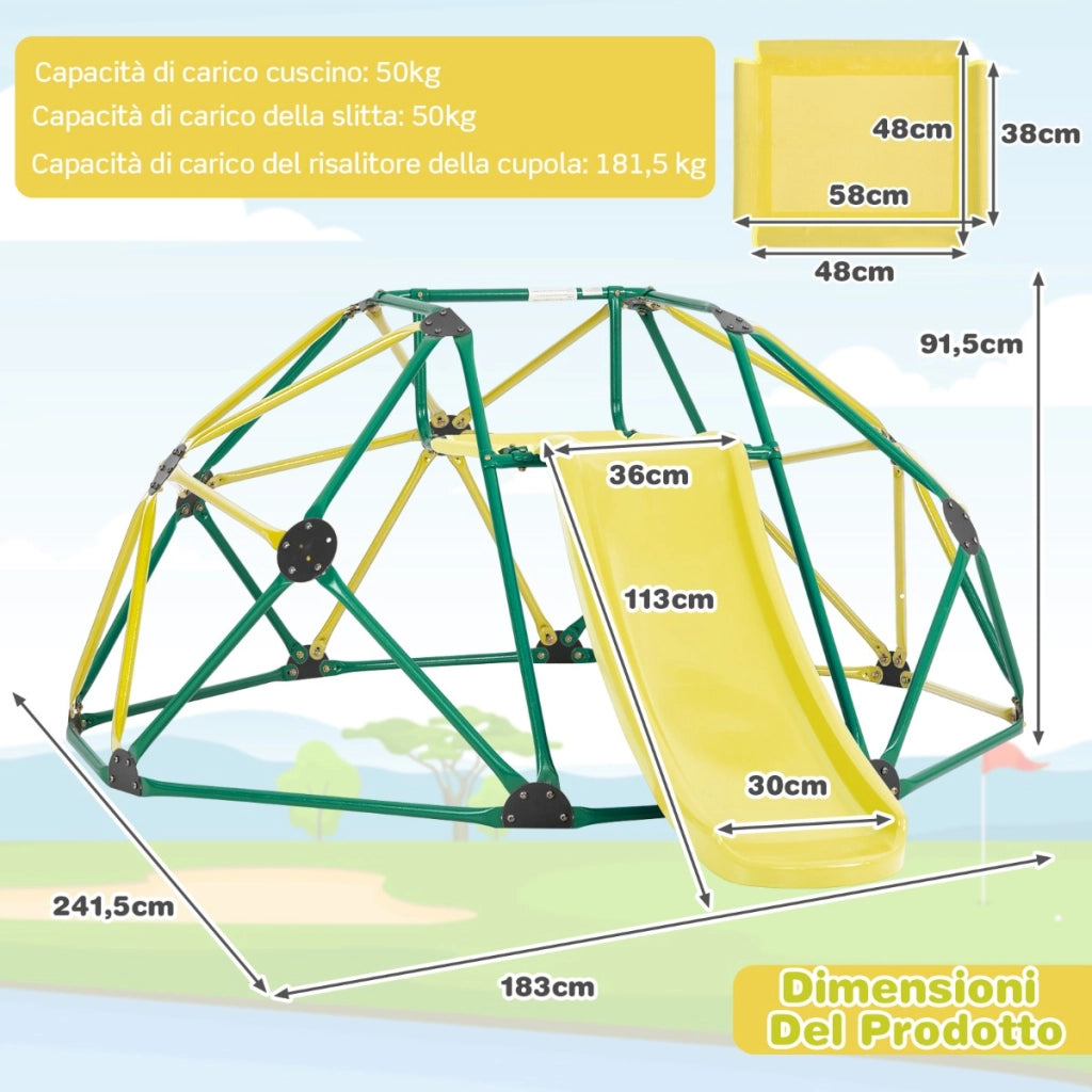 Cupola di arrampicata e set da gioco con scivolo capacit¨¤ di carico di 180KG, Parco giochi per bambini Verde-Arrampicate e scivoli